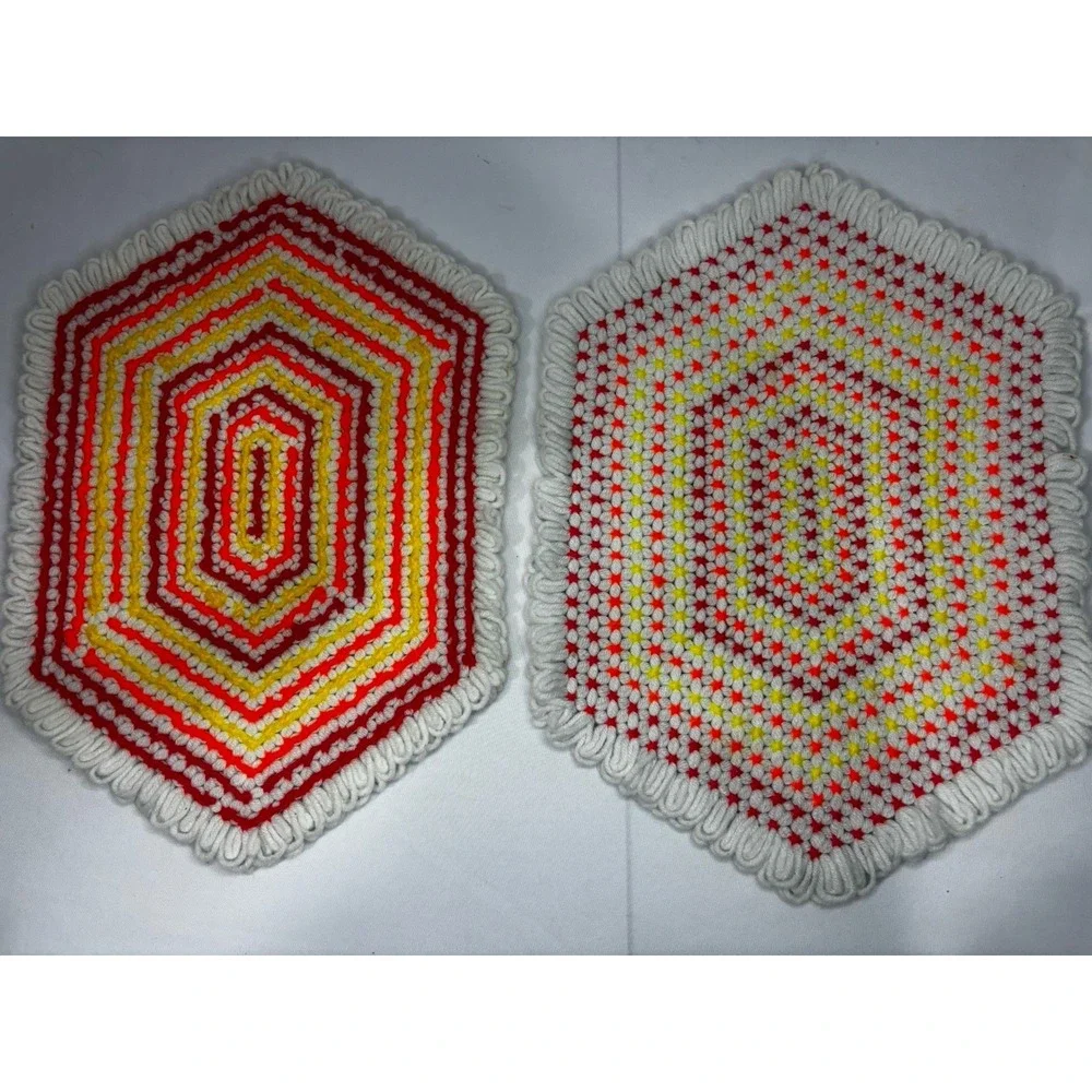 Vintage‎ Set 2 Crochet Placemat Doilies Red/Orange/Yellow/White Handmade